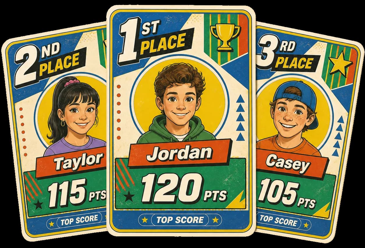 Three trading cards showing friends ranked 1st, 2nd, and 3rd in a private league